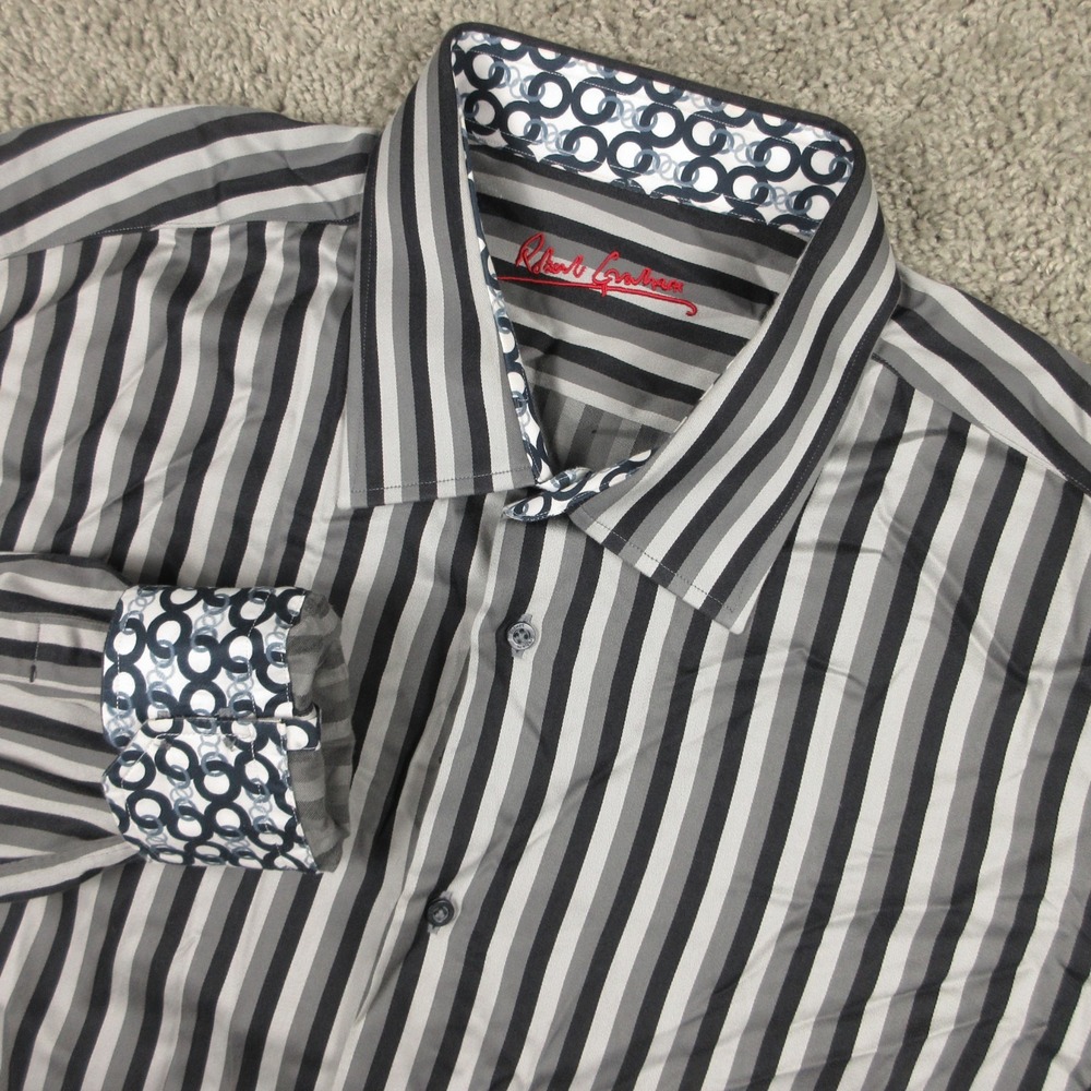 Robert Graham Shirt Mens 2XL 18 Black Striped Flip Cuff Cotton Dress Button Up